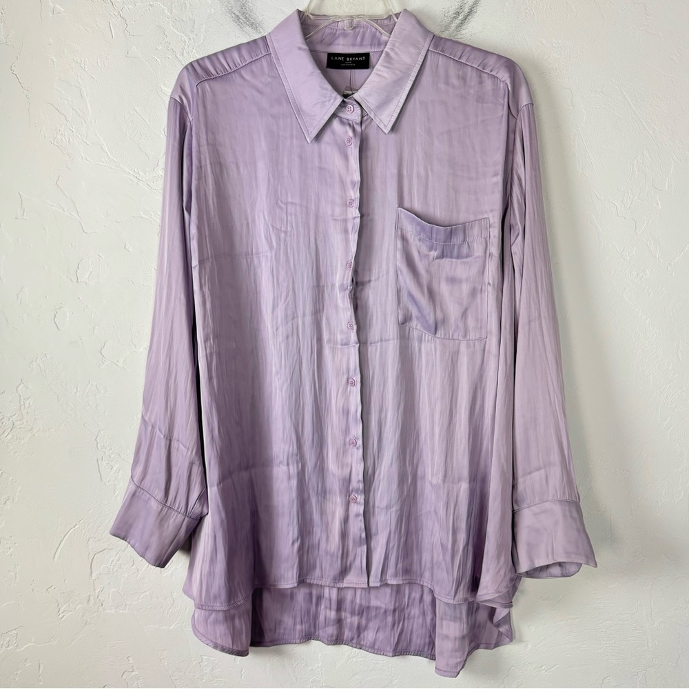 Lane Bryant Dress Shirt Knit Top Blouse Silky Satin Light Purple Solid Collared